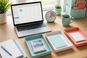 Portátil, temporizador y tres bandejas preparados para una rutina de limpieza digital.