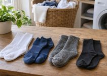 Cuatro pares de calcetines de distintos largos y tejidos sobre una mesa de lavandería.