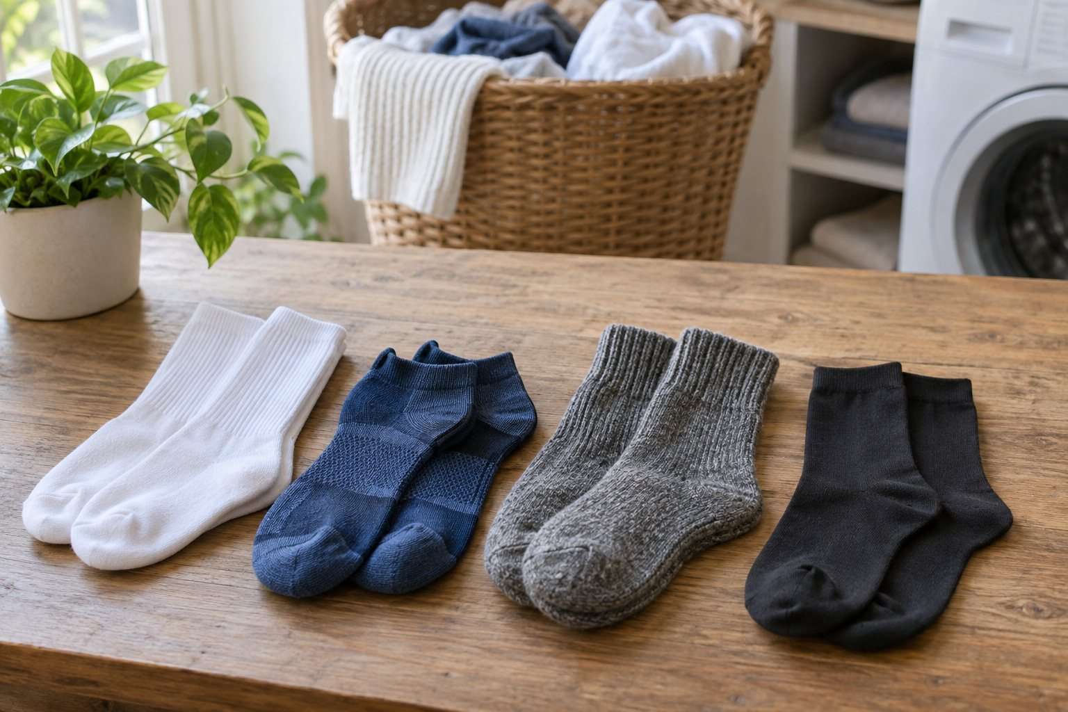 Tipos de calcetines: cómo distinguirlos, lavarlos y mantener las parejas — Imagen 1 Cuatro pares de calcetines de distintos largos y tejidos sobre una mesa de lavandería.